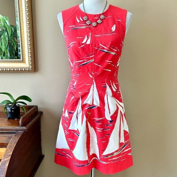 Anthropologie Maeve Berru Sailboat Shift Dress Size Red White Preppy Nautical 4 - Picture 1 of 16